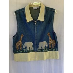 Women's L Vintage Carolina Colours Safari Zoo Giraffe Elephant Vest Denim Granny